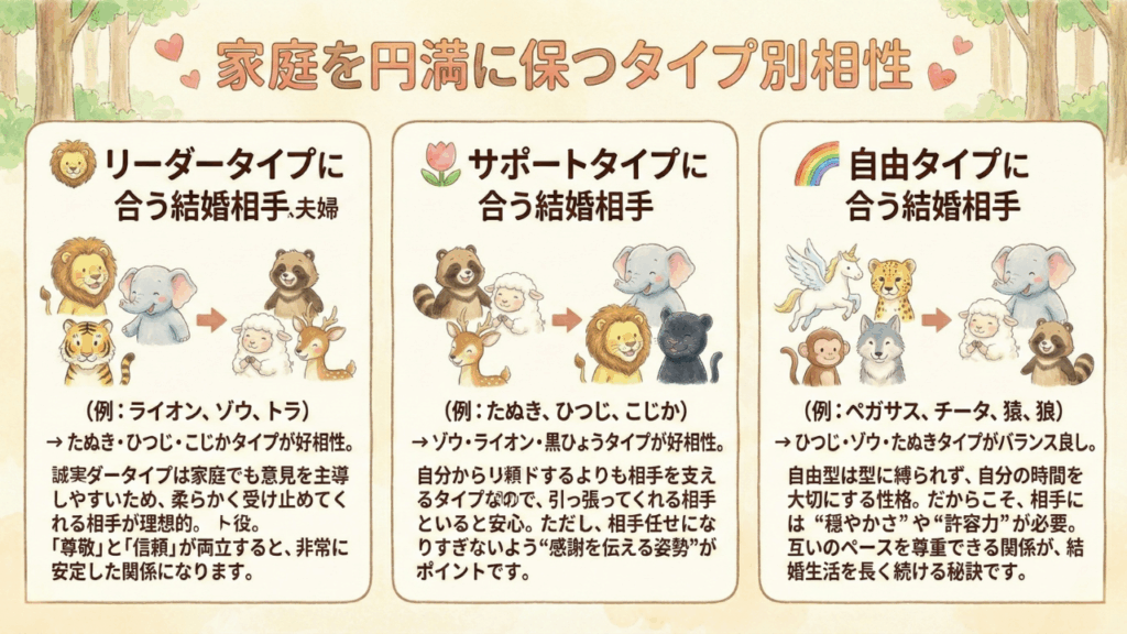 動物占い : 家庭を円満に保つタイプ別相性