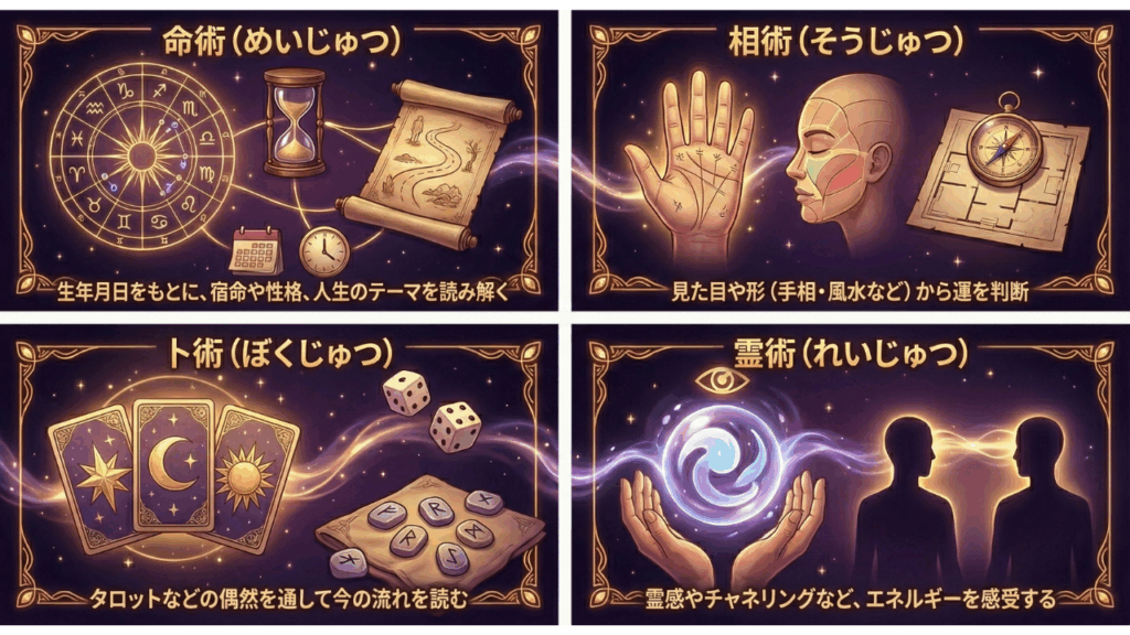 命術(めいじゅつ)相術(そうじゅつ)卜術(ぼくじゅつ)霊術(れいじゅつ)