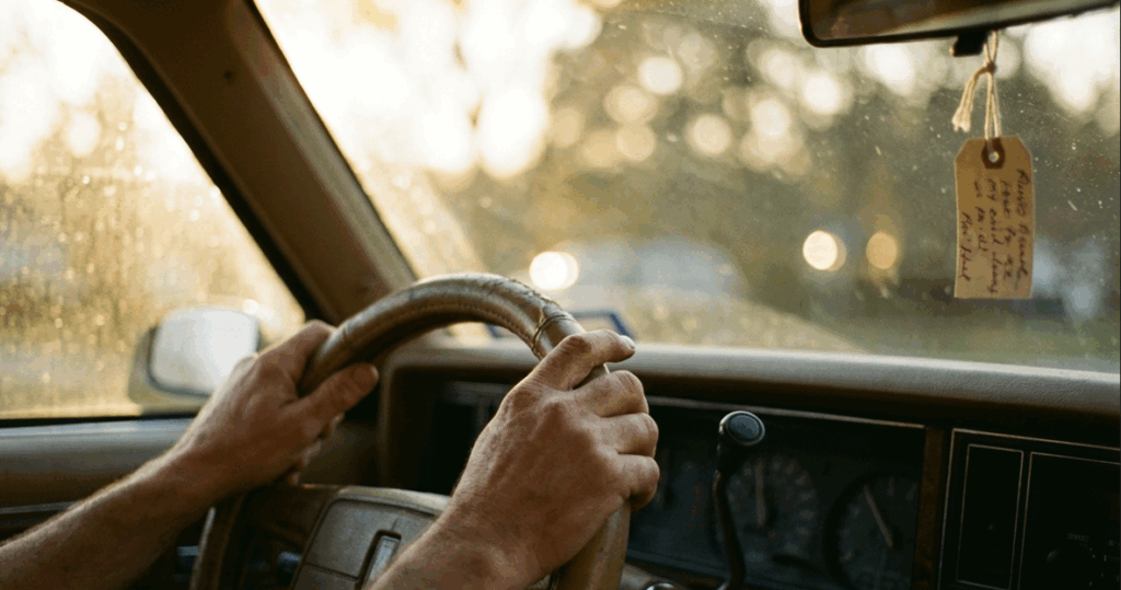 自然光が差し込む中でハンドルを握る手のイメージ。車と持ち主のエネルギーが調和し、ナンバーを活かして運気を上げる実践方法を表現した画像。