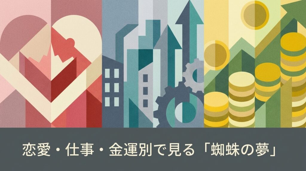 蜘蛛の夢で見る恋愛運・仕事運・金運｜状況別の運勢を示すイメージ